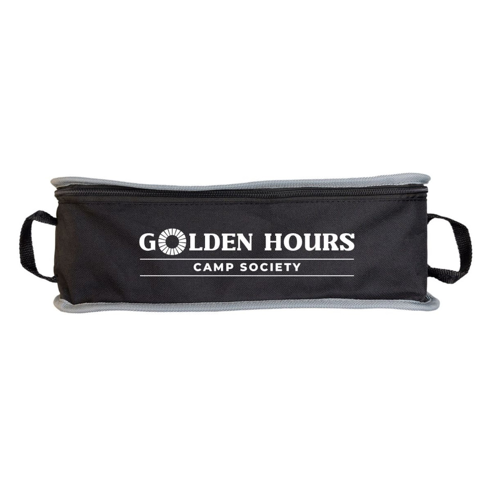 A black travel pouch with grey trim and handles, featuring a logo with the words "Golden Hours Camp Society."