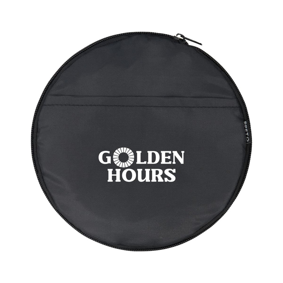 A round black zippered pouch with a logo and text on the front. The material appears durable and lightweight.