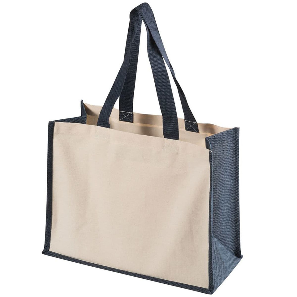 A functional tote bag with a cream body and dark blue accents, featuring sturdy handles and a logo.