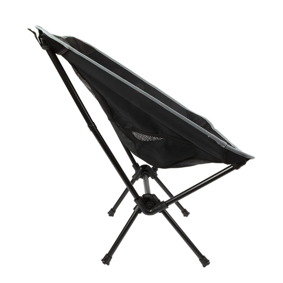 A lightweight folding chair in black with grey accents, featuring a mesh back and a sturdy frame.