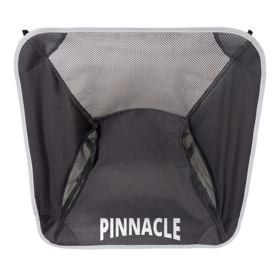 A black folding chair with a mesh back, featuring a white logo. The chair has a simple, modern design.