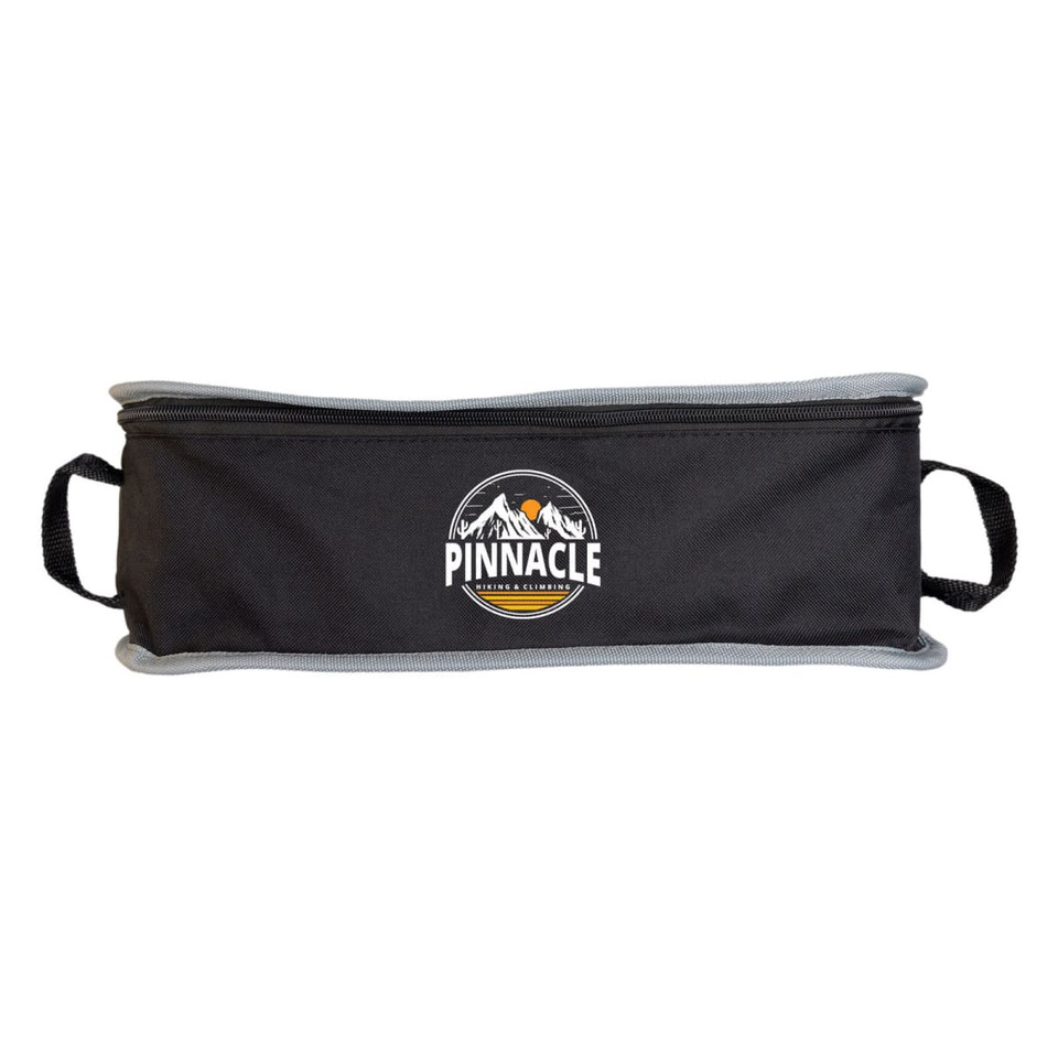 A black carry bag with grey trim and handles, featuring a circular logo with mountains.