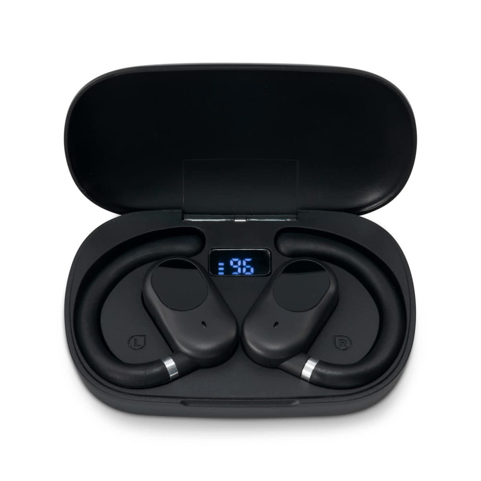 Black ear buds sitting in a charging case, featuring a digital display on the inside of the lid.