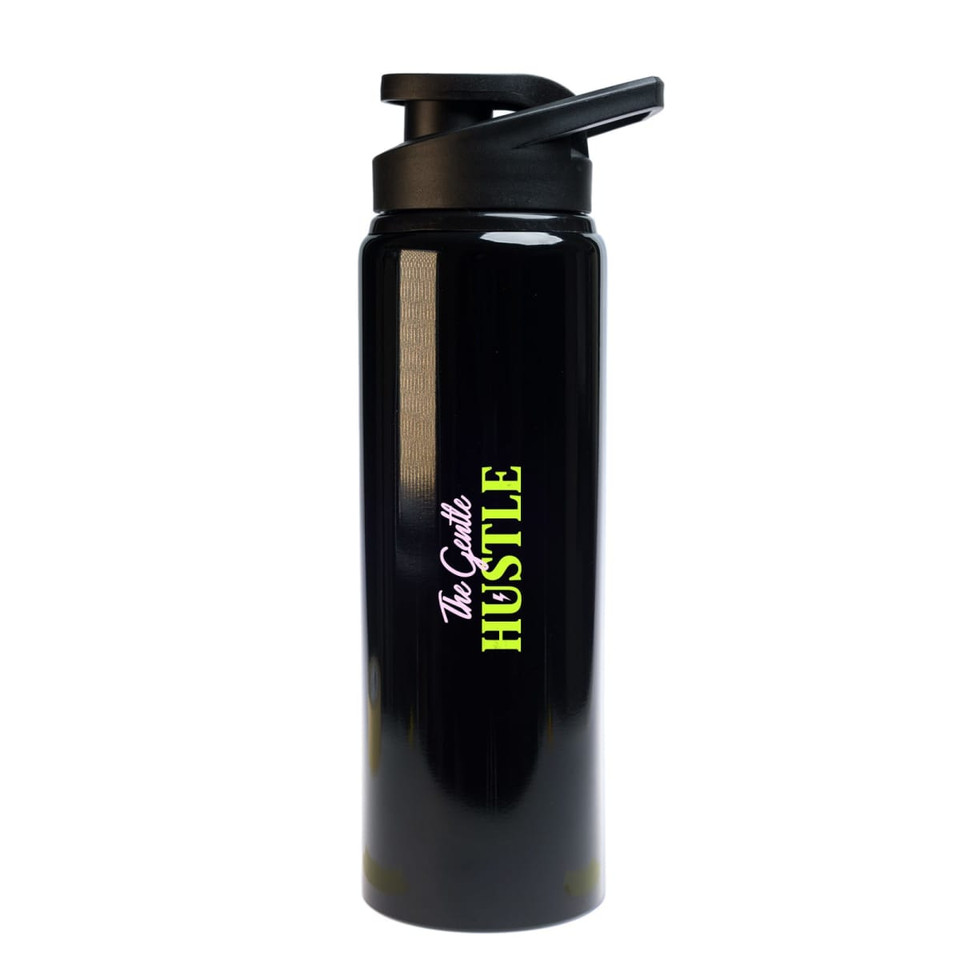A black drink bottle with a black lid and a logo. The bottle features bold green and white lettering.