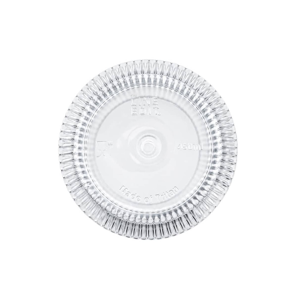 A clear, round tumbler with a textured rim, featuring a logo and a capacity of 450ml.