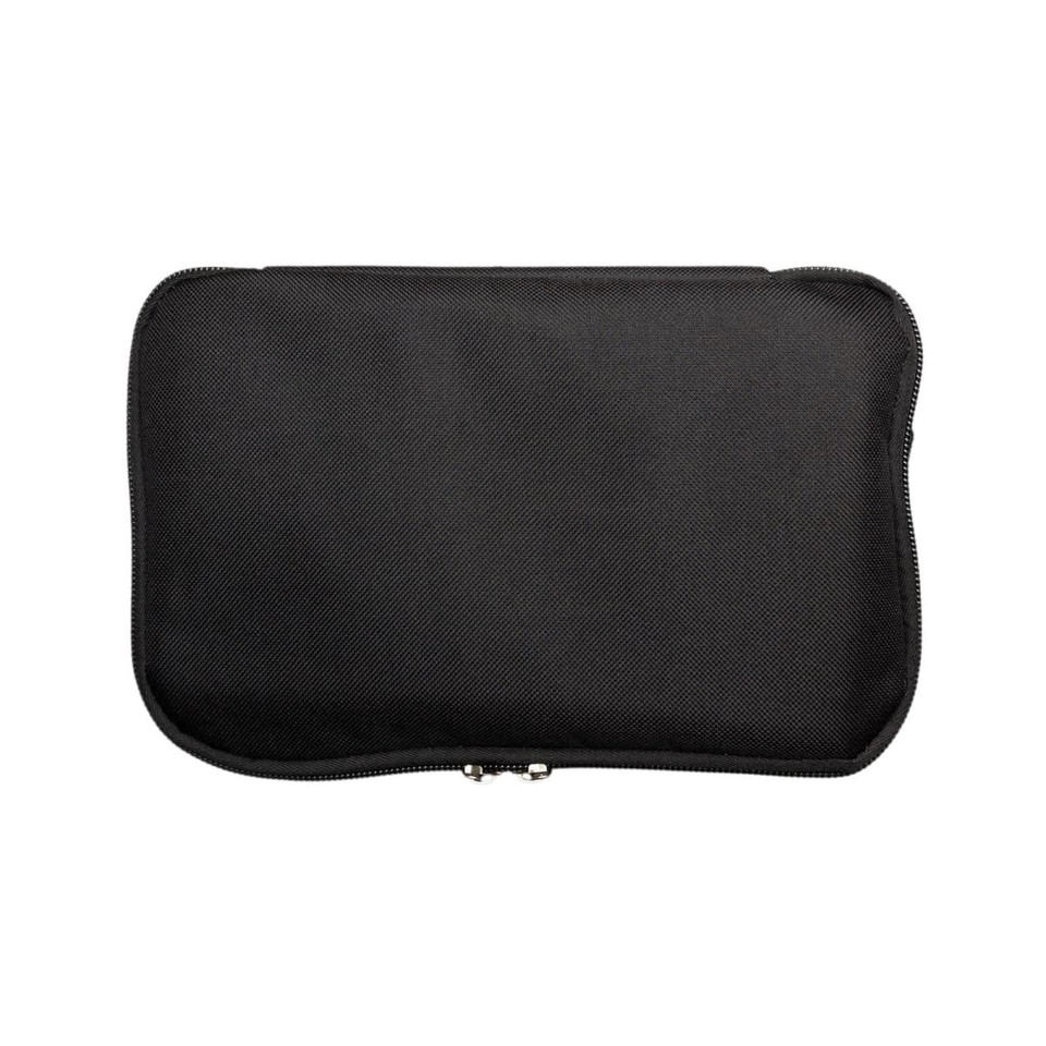 A black cooler bag with a zippered closure, featuring a sleek, textured surface.