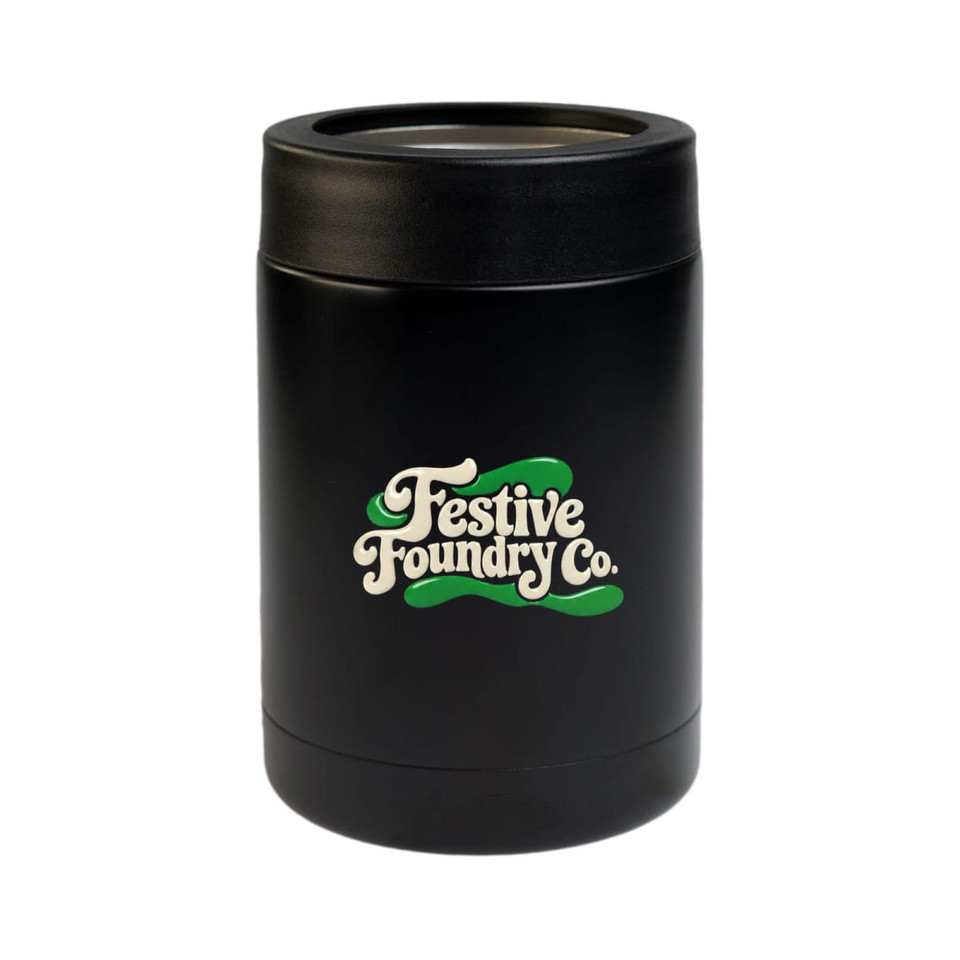 A black drink bottle with a logo, featuring a cylindrical design suitable for festive occasions.