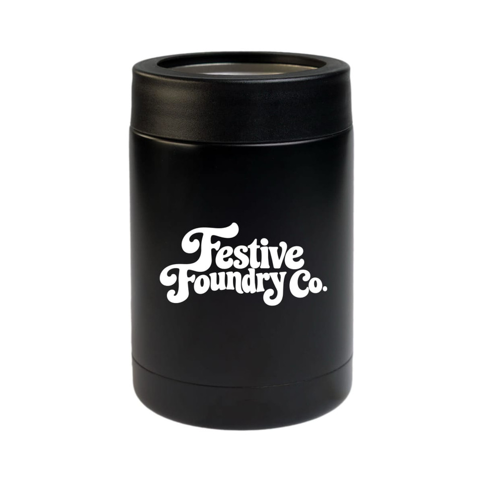 A black drink bottle with a silver top and a logo on the front, designed for festive occasions.