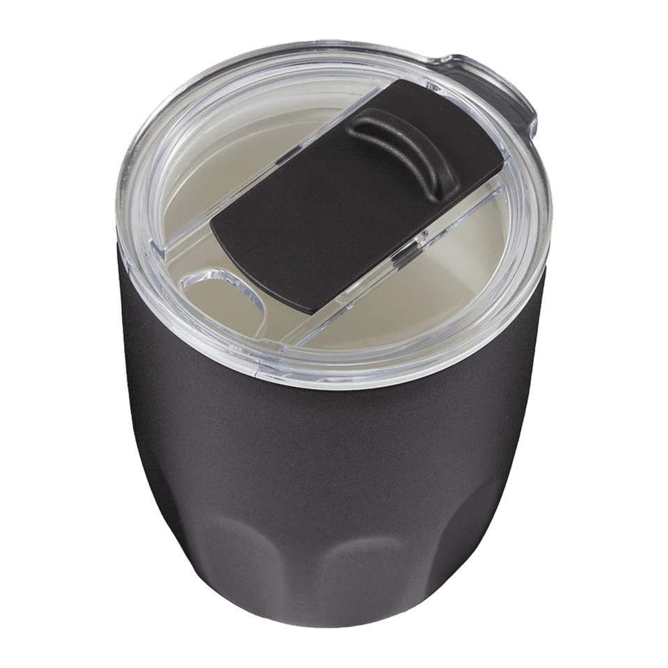 A drink bottle featuring a matte black exterior and a clear lid, designed with a ceramic liner and a logo.