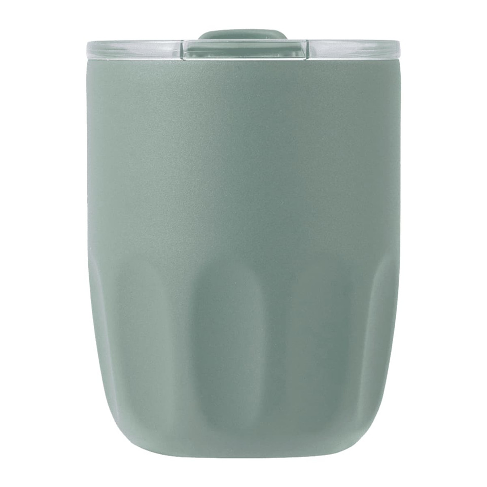 A drink bottle in a muted green colour with a transparent lid and a textured body. Features a logo.