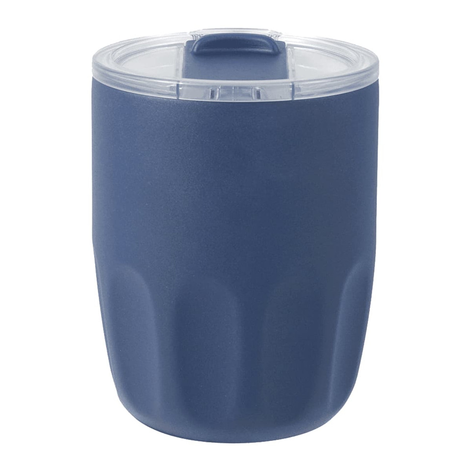 A drink bottle with a navy blue exterior and a clear lid, featuring a logo on the surface.