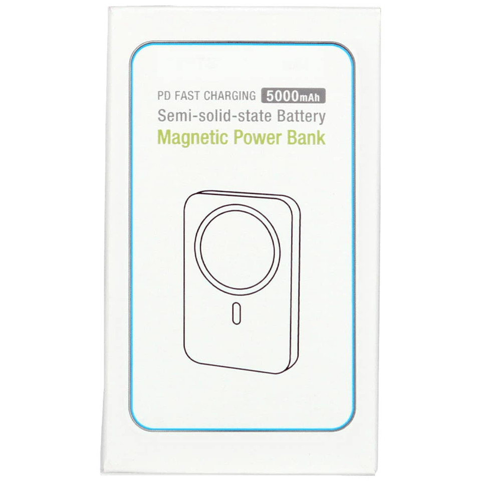 A white packaging box featuring a magnetic power bank with a semi-solid state battery, illustrated design, and branding logo.