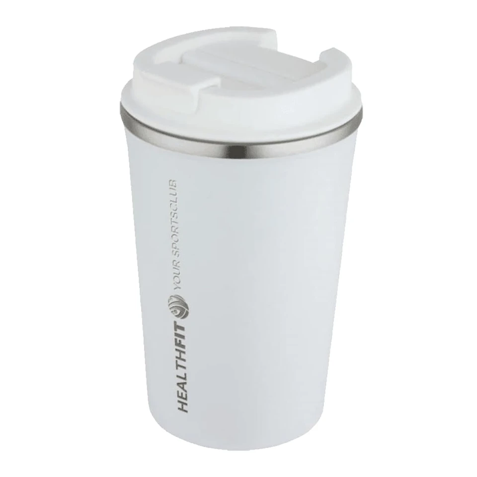 A drink bottle with a double wall design, featuring a white exterior, stainless steel rim, and a lid. Includes a logo.