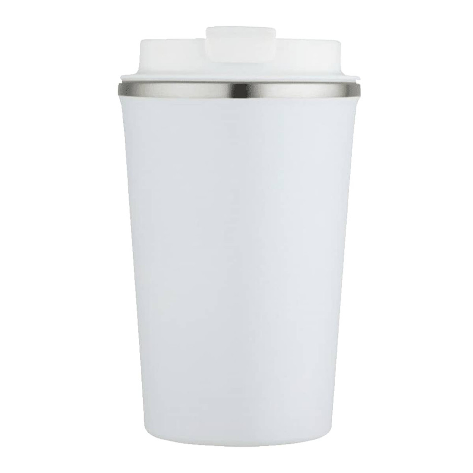 A drink bottle featuring a white exterior with a stainless steel lid and a logo. Double wall vacuum design.