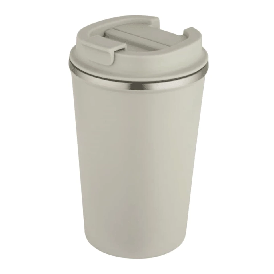A drink bottle in a light grey colour with a stainless steel base and a secure lid. It features a logo.