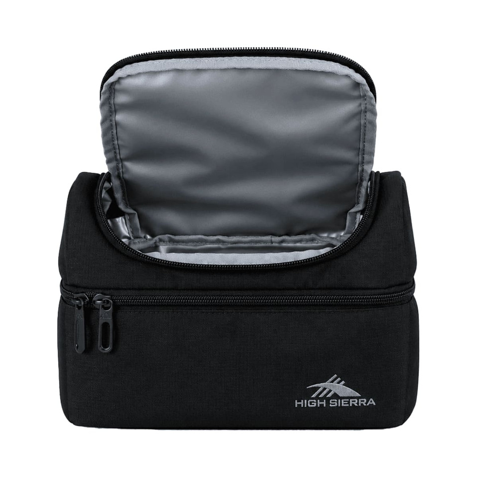 A black insulated lunch bag with a zippered opening and grey interior, featuring a logo on the front.