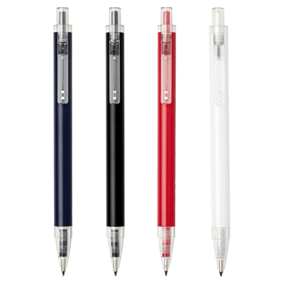 A set of four ballpoint pens in navy, black, red, and white, featuring clear barrels and branding.