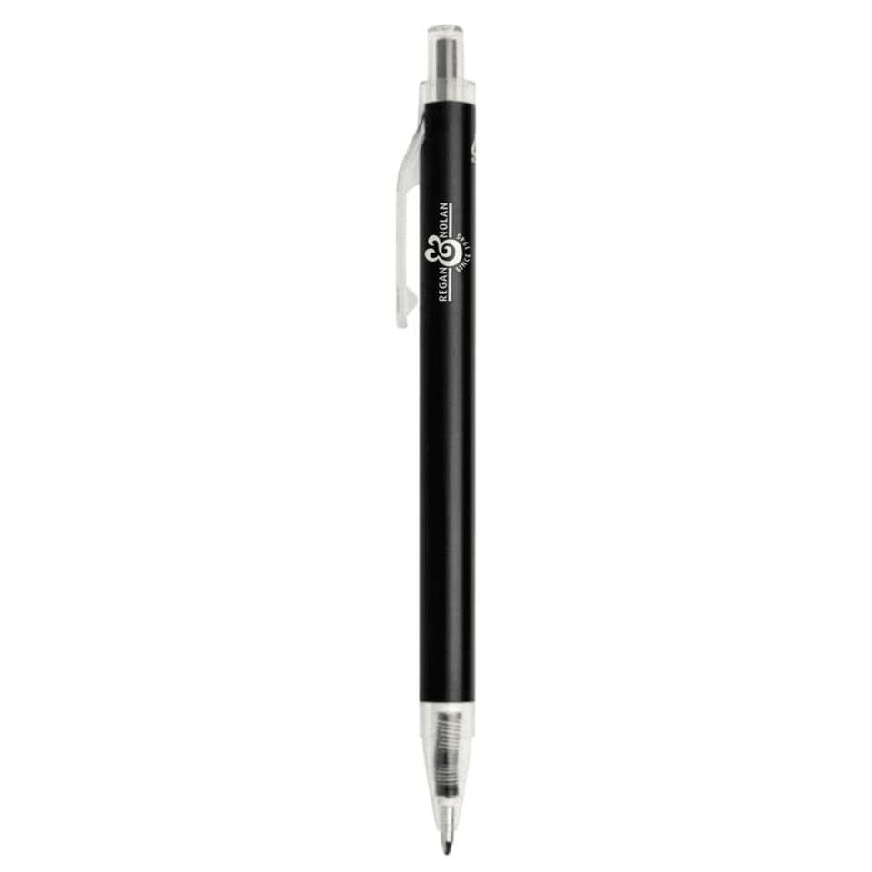 A black recycled aluminium ballpoint pen with a silver tip and clip, featuring a logo.