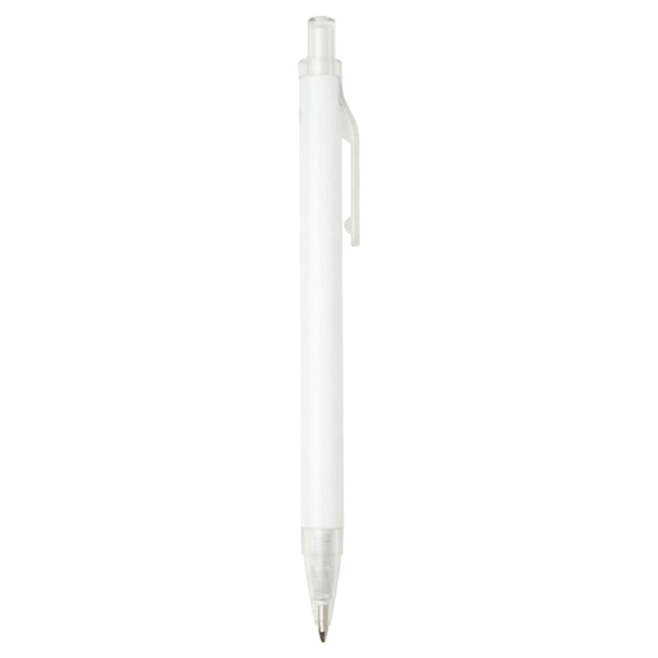 A recycled aluminium ballpoint pen in white, featuring a transparent grip section and a clip. It has a logo on its surface.