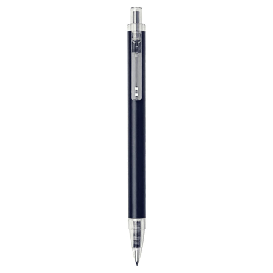 A ballpoint pen in navy blue with a silver clip and tip, featuring a sleek design and branding.