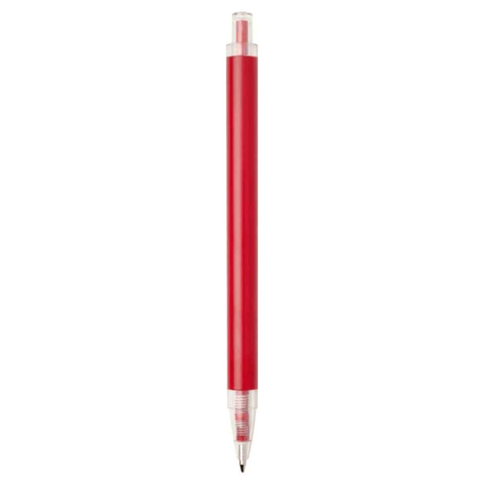 A recycled aluminium ballpoint pen in bright red, featuring a transparent grip and a pen tip. It has a logo.