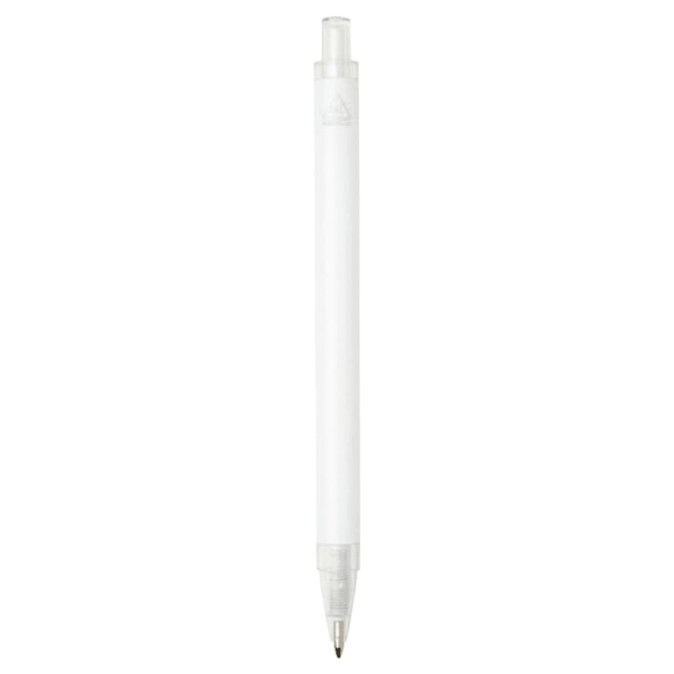 A ballpoint pen made of recycled aluminium, featuring a transparent barrel and a silver tip, with a logo.