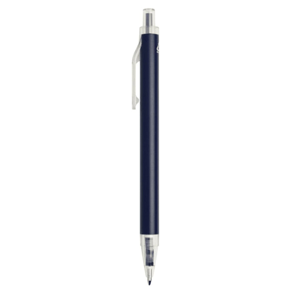 A navy blue recycled aluminium ballpoint pen with a clear grip and clip, featuring a logo on the barrel.