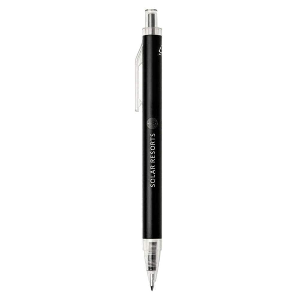A black recycled aluminium ballpoint pen with a clip and a logo on the barrel.