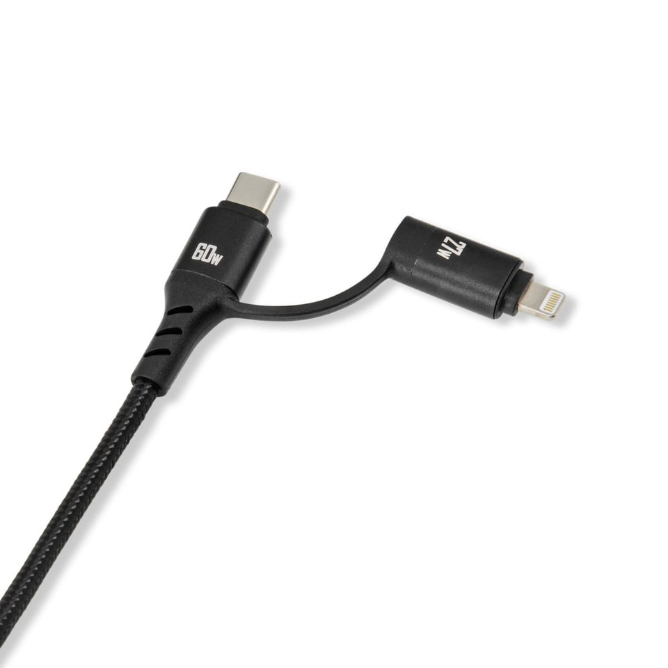 A black charging cable with USB-C and Lightning connectors, featuring a braided design for durability.