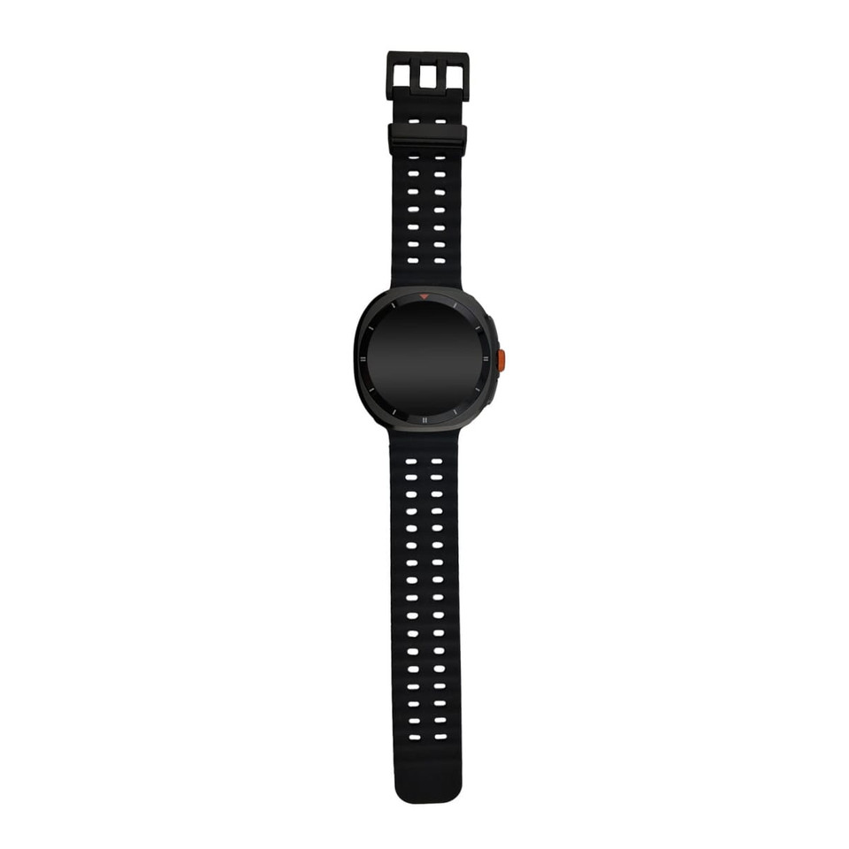 A black smart watch with a round face and a perforated strap, featuring an orange button on the side.