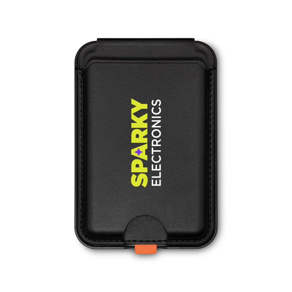 A black phone wallet featuring a logo, designed to hold cards and small items securely.