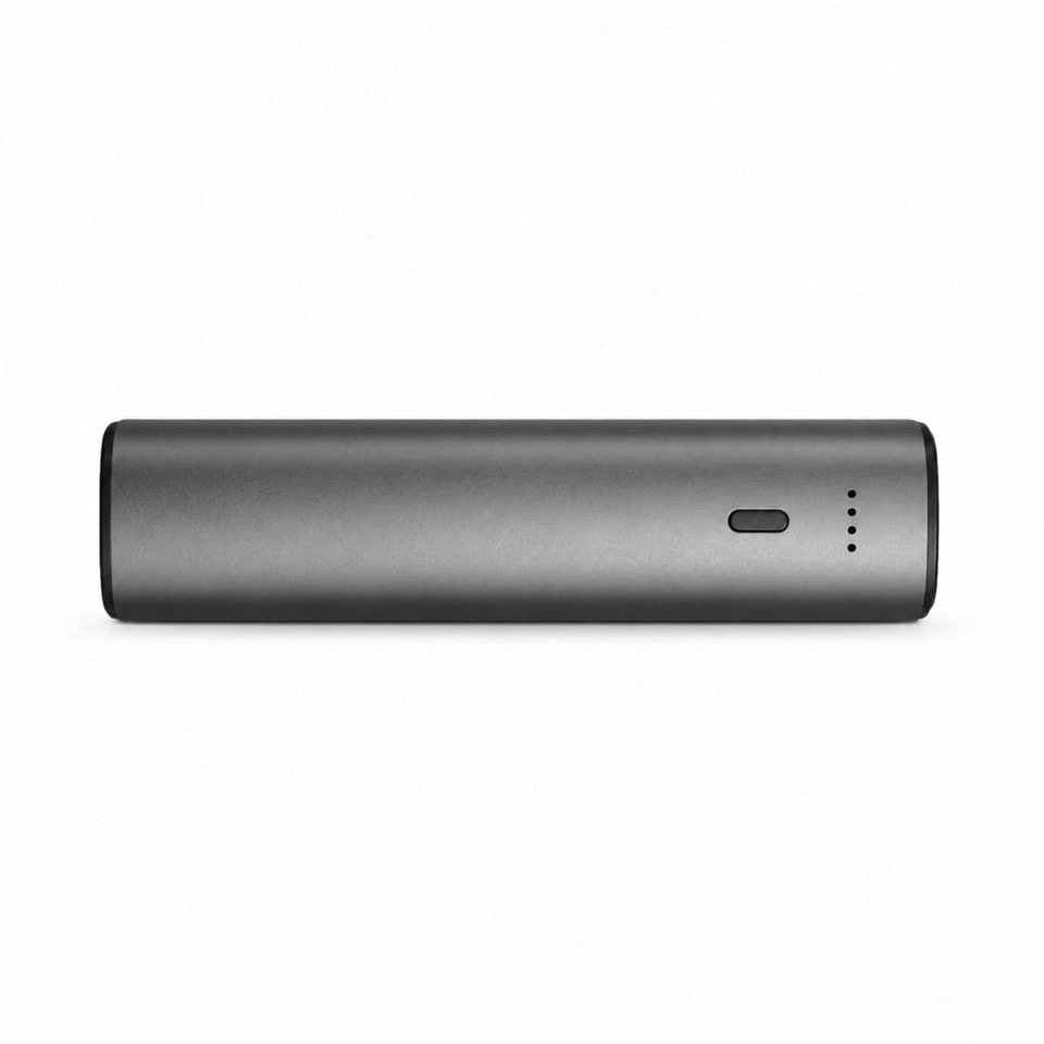 A sleek, rectangular grey power bank featuring a status indicator and a logo.