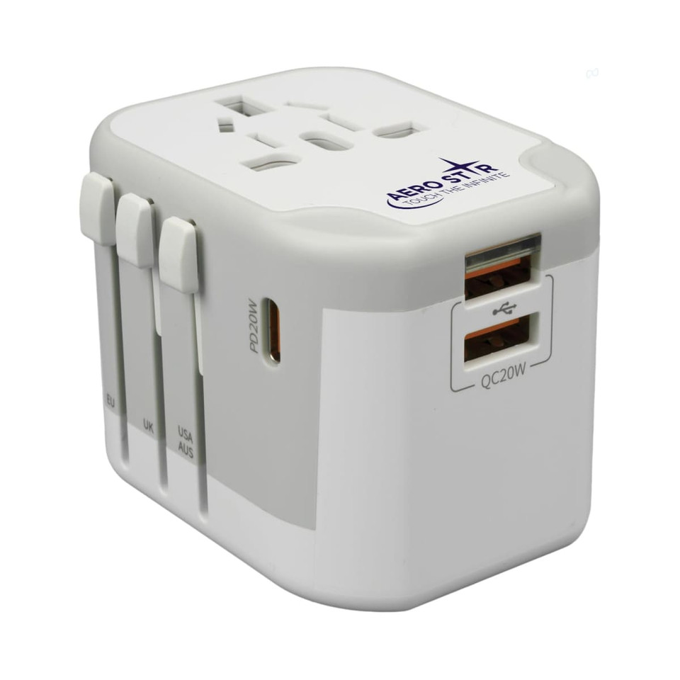 A compact white universal travel adapter with multiple plug options and USB ports for charging devices.