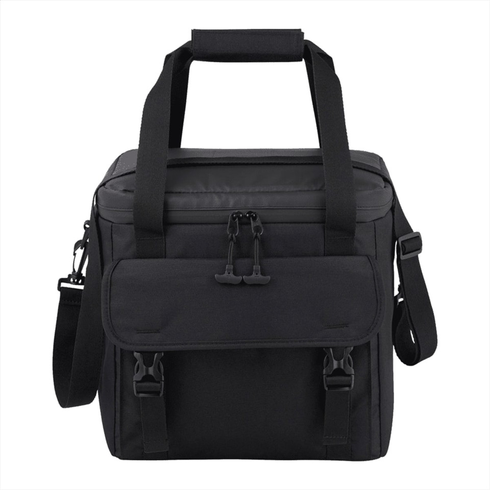 A black cooler bag with a spacious main compartment and adjustable shoulder strap, featuring a front pocket and branding.