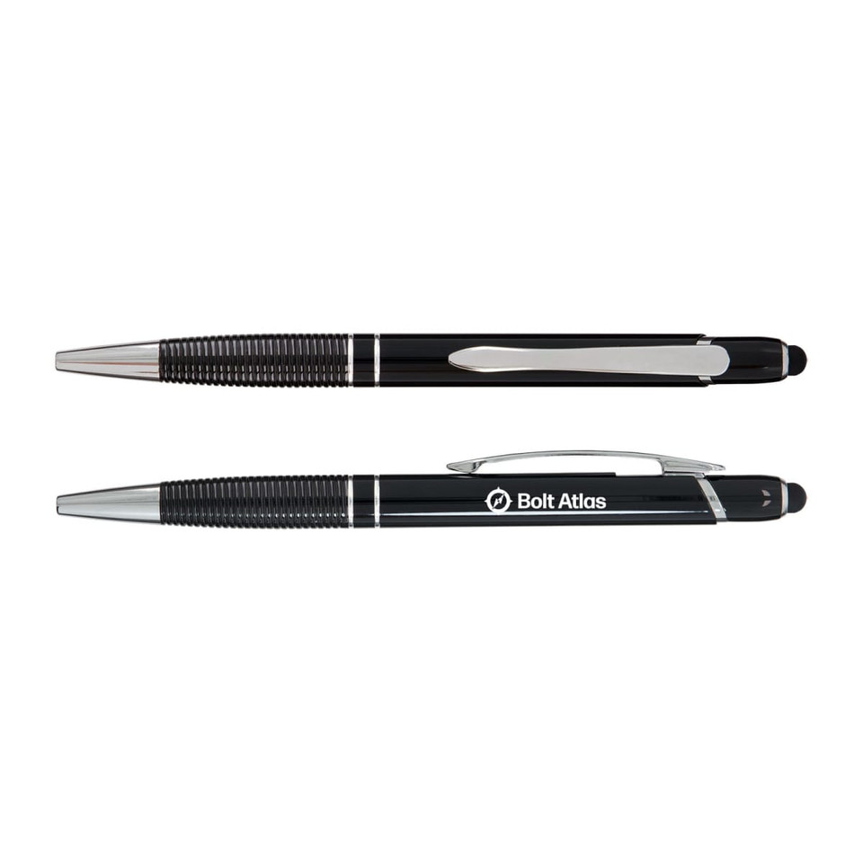 A set of black pens with chrome accents, featuring a textured grip and a logo on one pen.