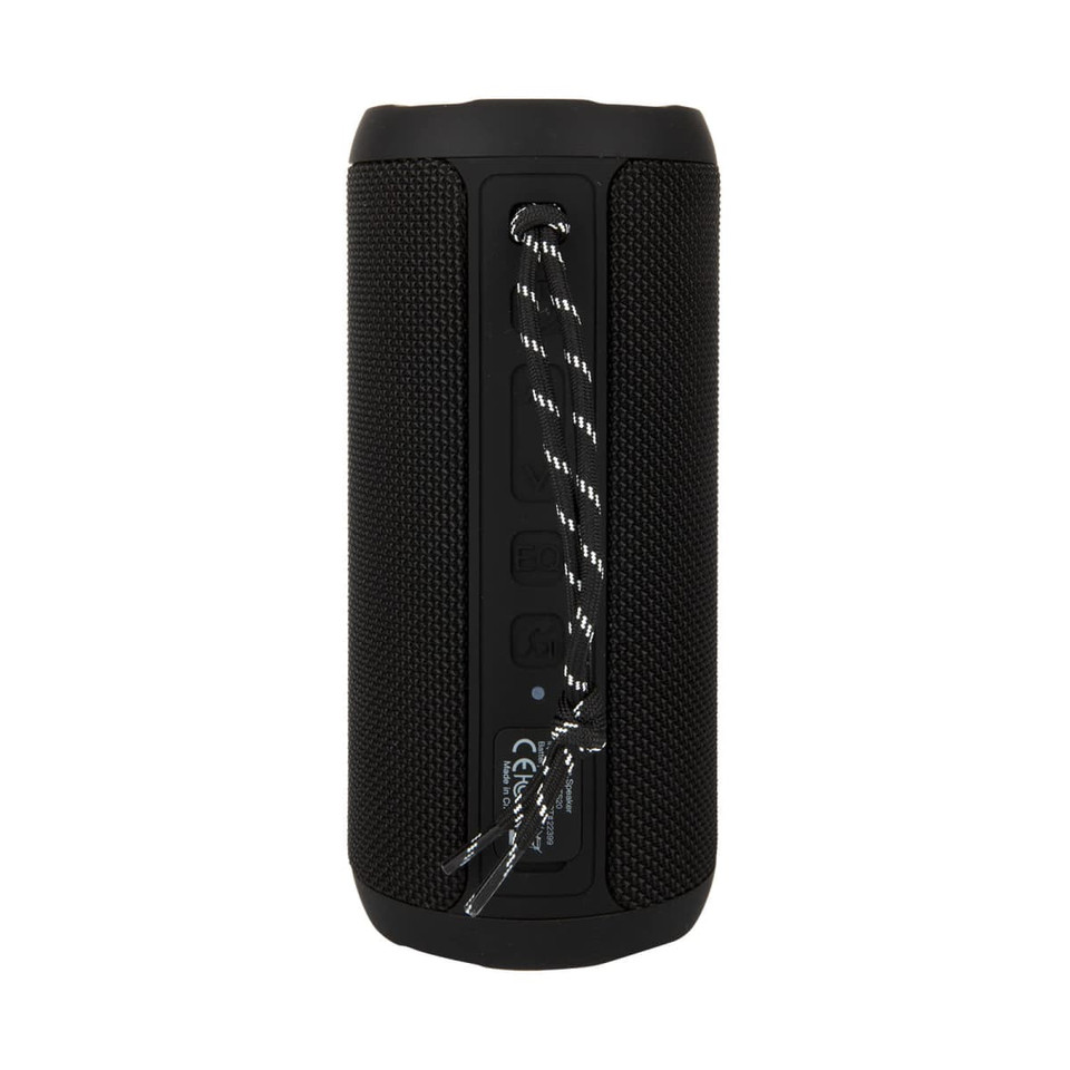 A black Bluetooth speaker with a textured surface and a hanging strap, featuring buttons and a logo.