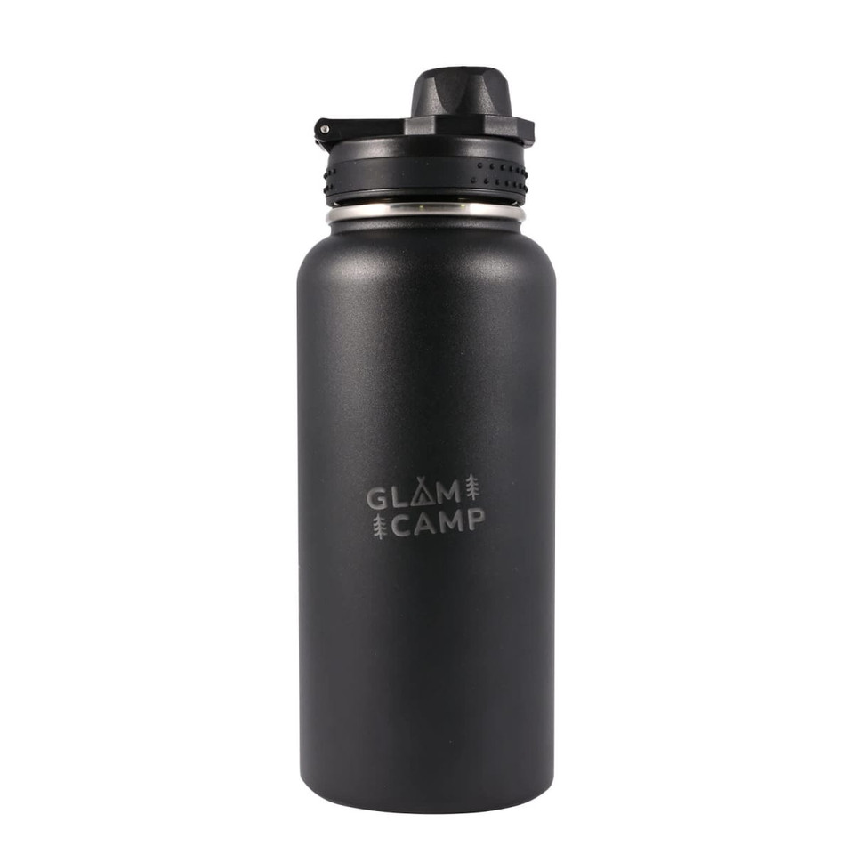 A drink bottle in matte black with a screw top and a small logo on the side.