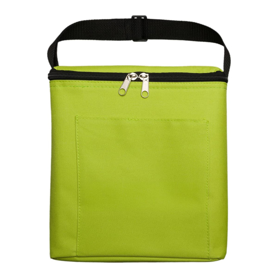 A green insulated bag with a zip closure and a front pocket, featuring a black strap for easy carrying.