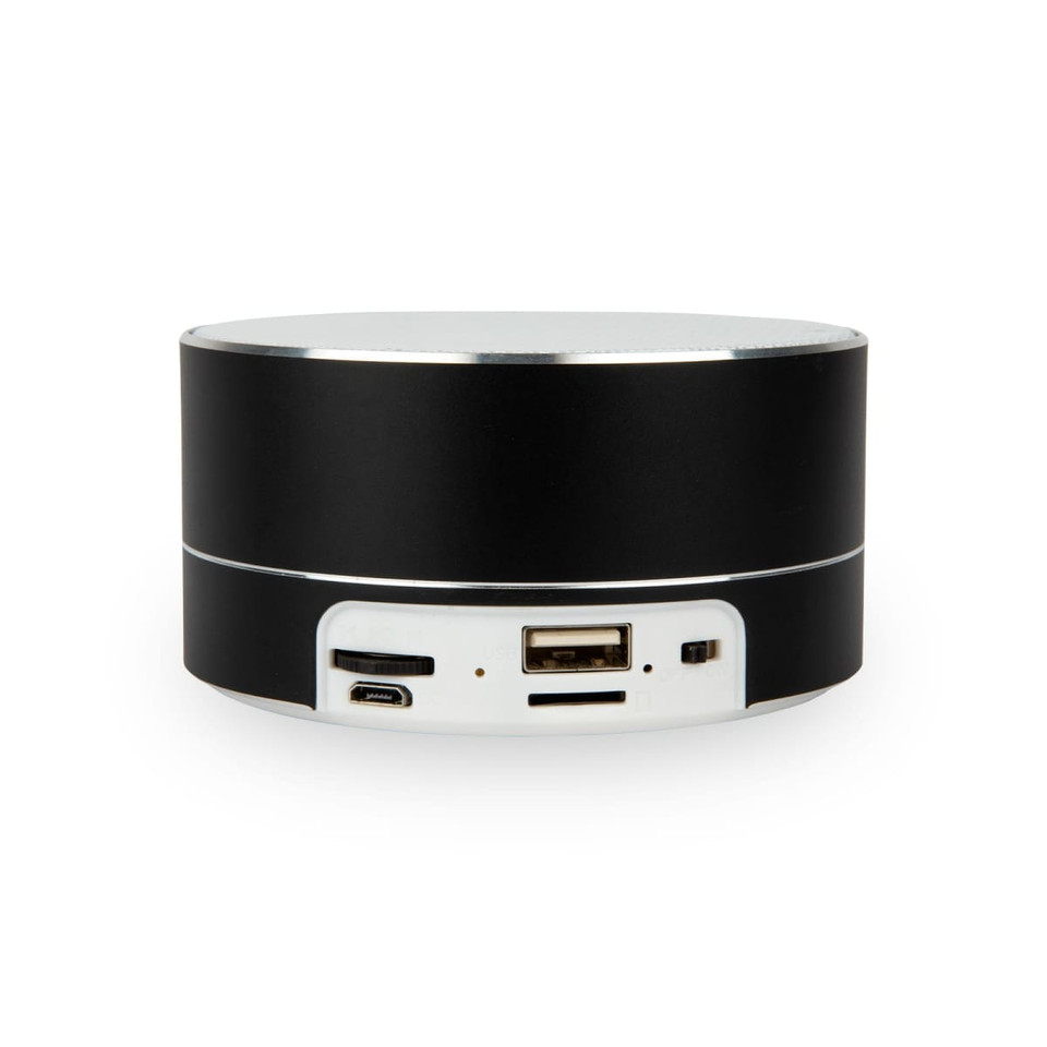 A black cylindrical speaker with USB and AUX ports on the side. It has a sleek, modern design.
