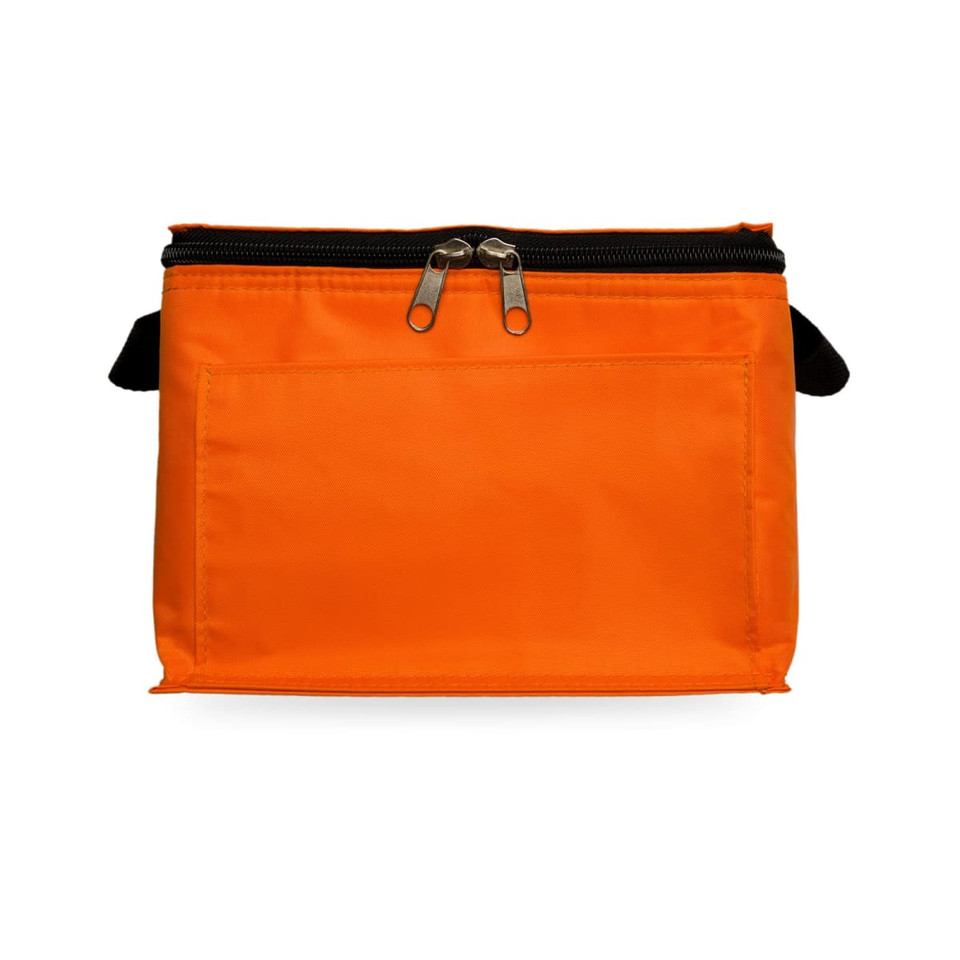 An orange zippered pouch with a front pocket and dual zippers, made of durable fabric.