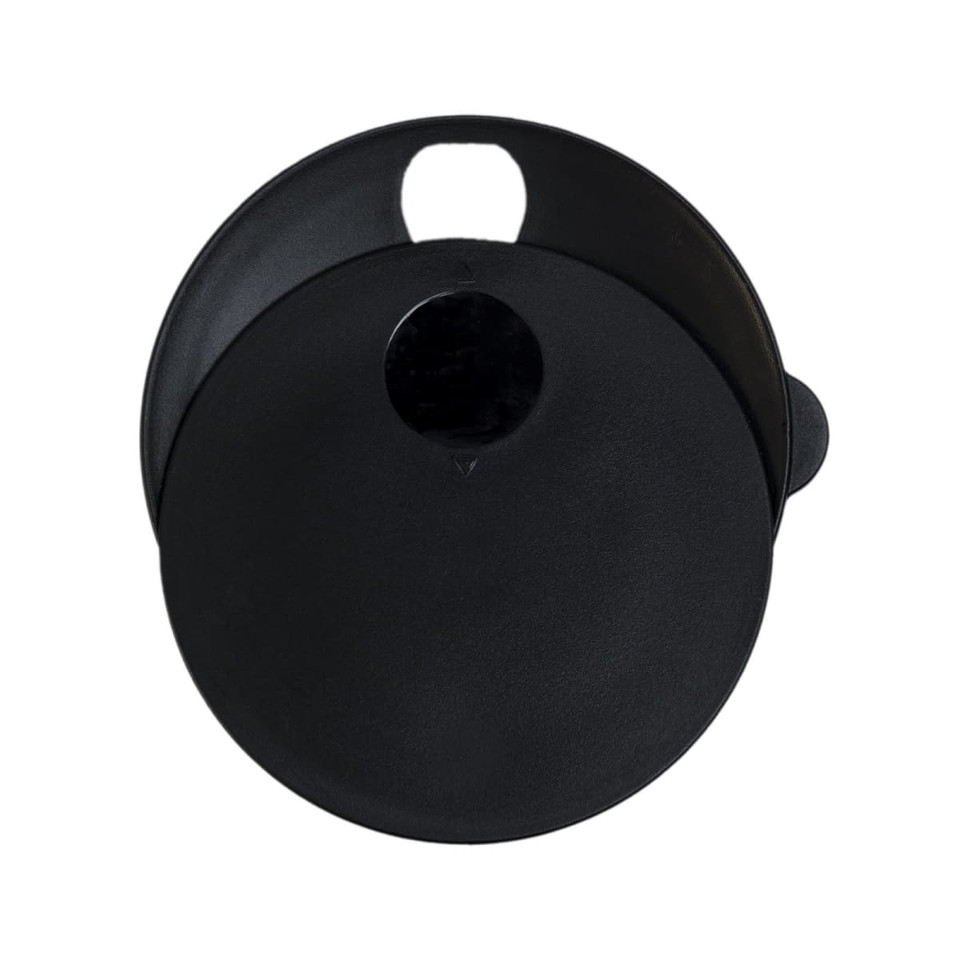 A black reusable coffee cup with a lid and a handle, featuring a logo.