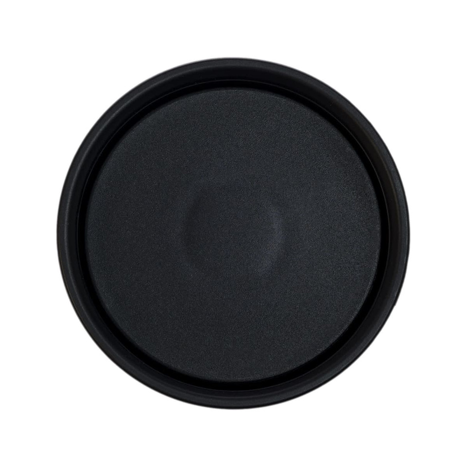 A black stainless steel coffee cup with a smooth, rounded lid top and a simple design.