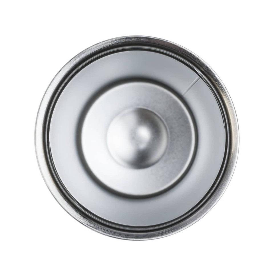 A stainless steel coffee cup with a smooth interior and circular base, reflecting light. It has a simple design.