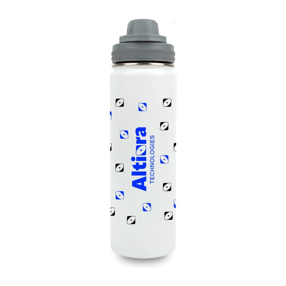A drink bottle with a white body, grey cap, and logo, featuring a pattern of small icons.