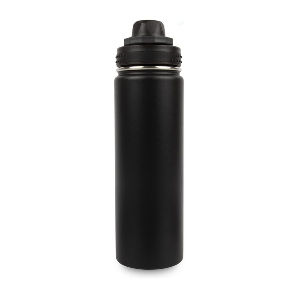 A drink bottle made of stainless steel, featuring a matte black finish and a screw-on lid with a logo.