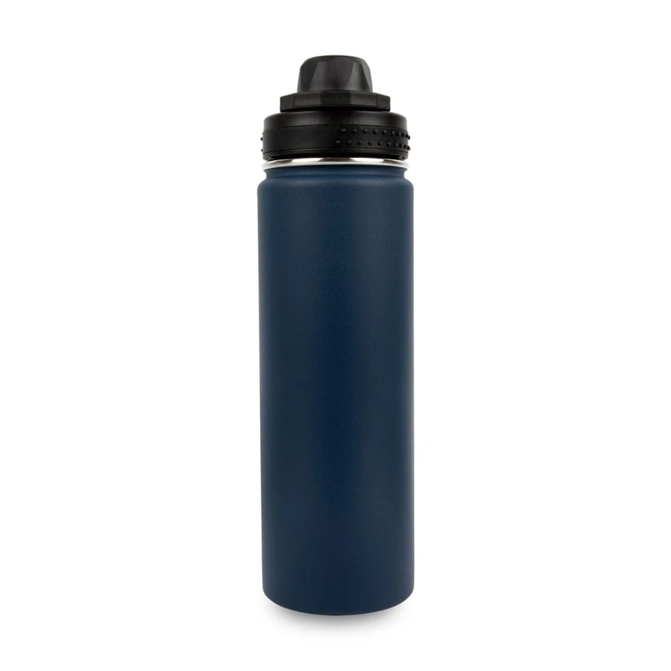 A drink bottle in dark navy blue stainless steel with a black lid and a logo on the side.
