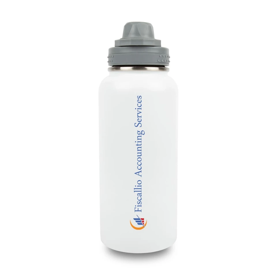 A drink bottle with a white finish, featuring a grey lid and a logo. Suitable for various beverages.