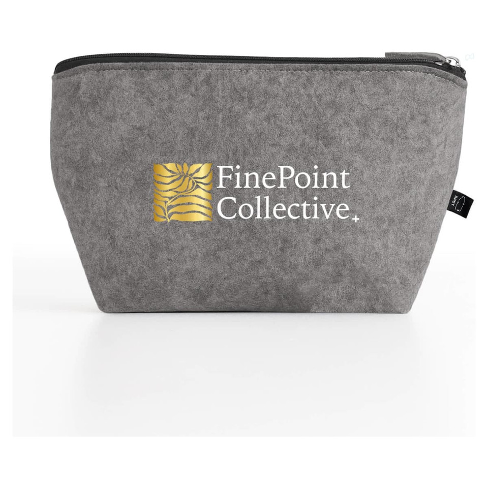 A grey cosmetic pack with a zip closure and a logo, suitable for toiletries and accessories.