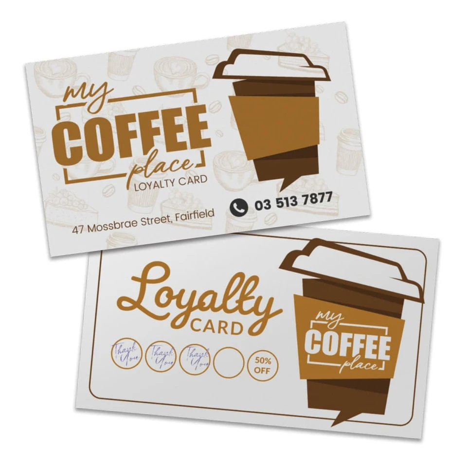 A loyalty card design featuring a brown coffee cup graphic on a white background with various icons and a logo.