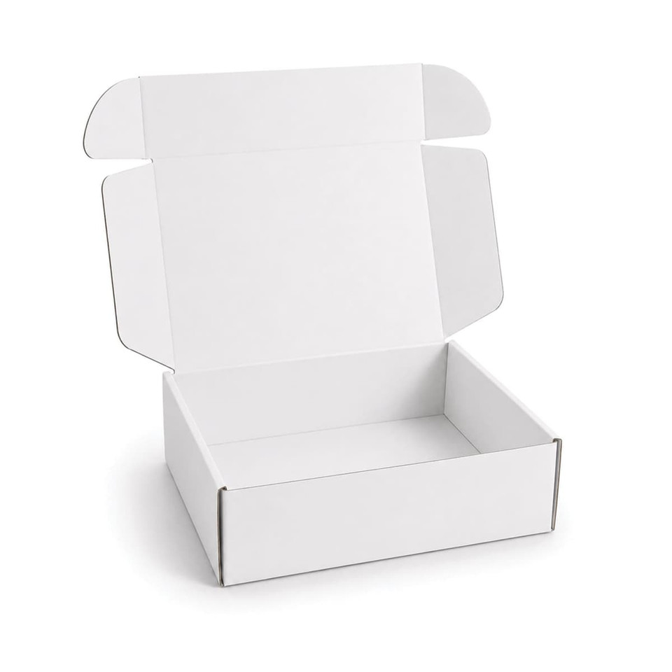 A white cardboard box with a locking lid, measuring 360 x 305 x 105mm, with an open top and flaps.